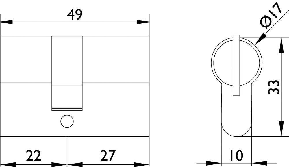 Eine technische Zeichnung zeigt einen Teil eines Designs mit gekennzeichneten Abmessungen: ein horizontaler Abstand von 27 Einheiten und ein vertikaler Abstand von 49 Einheiten.