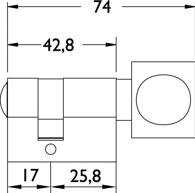 Technische Zeichnung einer Komponente mit einem zylindrischen Teil; Abmessungen: 74mm Gesamtlänge, 42,8mm und 25,8mm Abschnitte und 17mm Höhe.