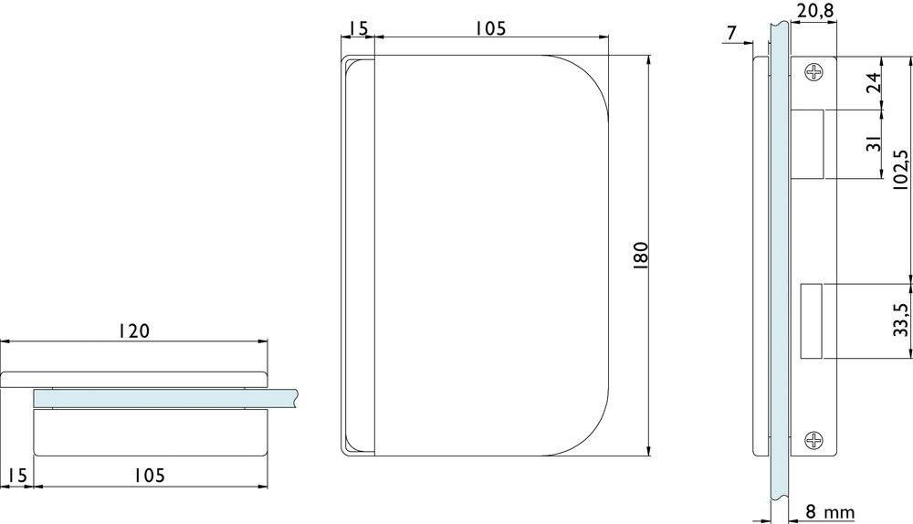 Abmessungen eines rechteckigen Objekts sind dargestellt: 180 Einheiten hoch, 105 Einheiten breit und 15 Einheiten dick.