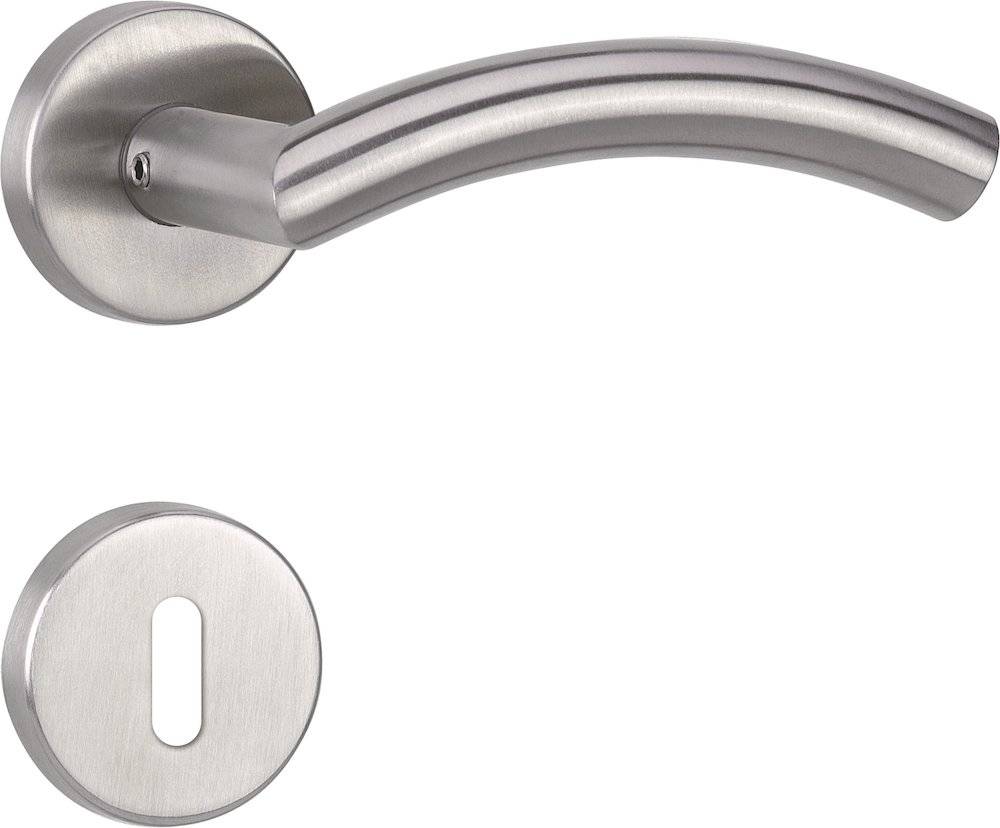 Silberner Metalltürgriff und passende Schlüssellochrosette mit schlankem, modernem Design auf weißem Hintergrund.