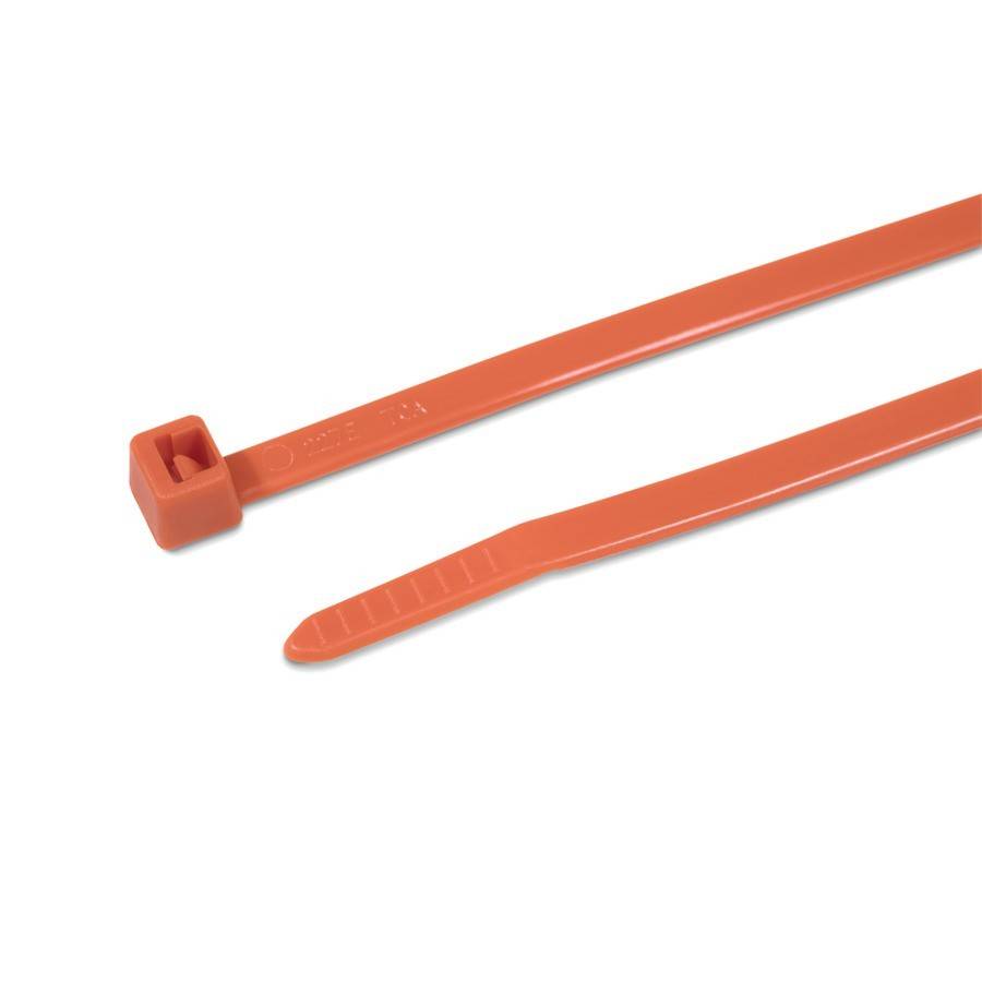 Eine orange Plastik-Kabelbinder mit einem Verschlussmechanismus an einem Ende, entwickelt zum Bündeln oder Befestigen von Gegenständen.