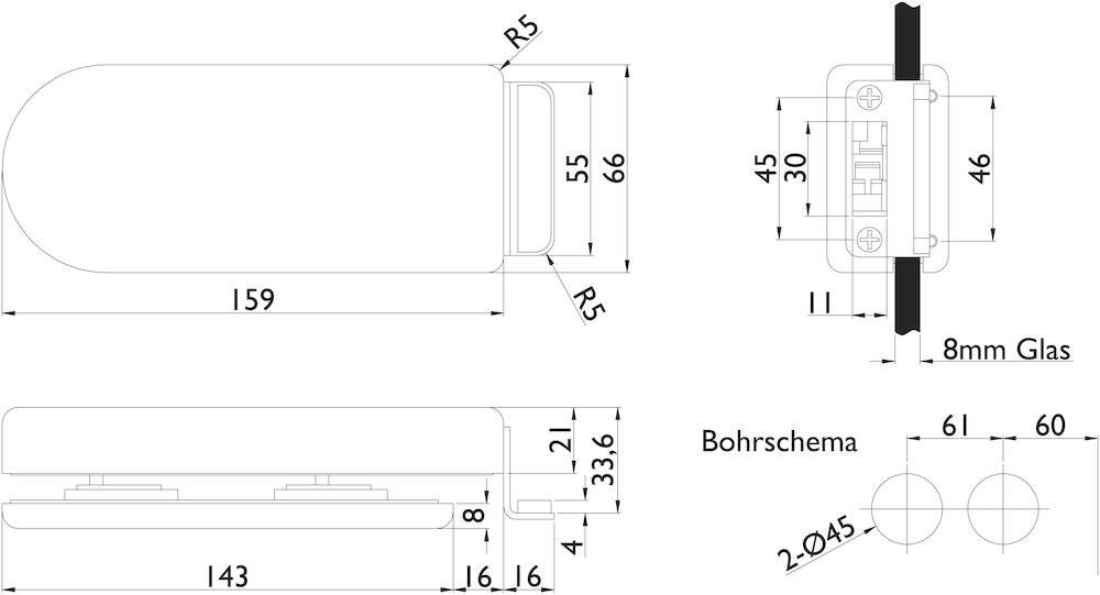 Technische Zeichnung mit Abmessungen eines rechteckigen Geräts mit angegebenen Messungen und Radien. Beschriftung lautet „Bohrschema