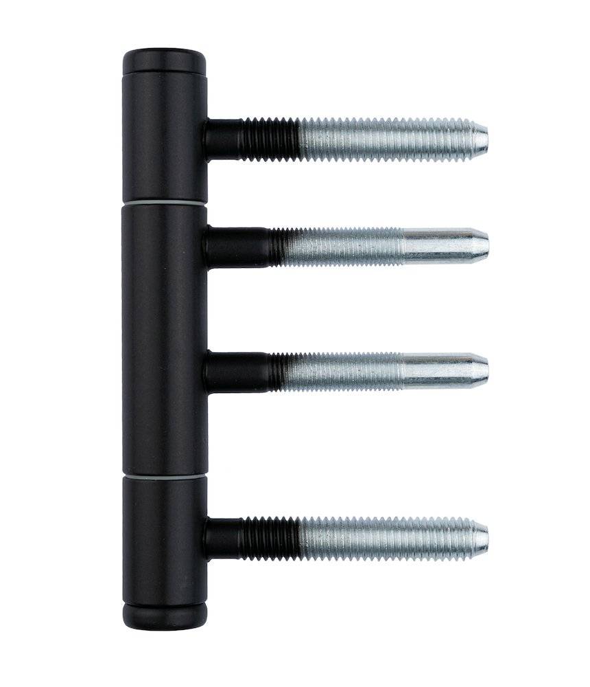 Drei schwarze Bolzen, vertikal angeordnet, mit silbernen Gewinde-Enden, von denen jeder durch zwei horizontale schwarze Zylinder verläuft.