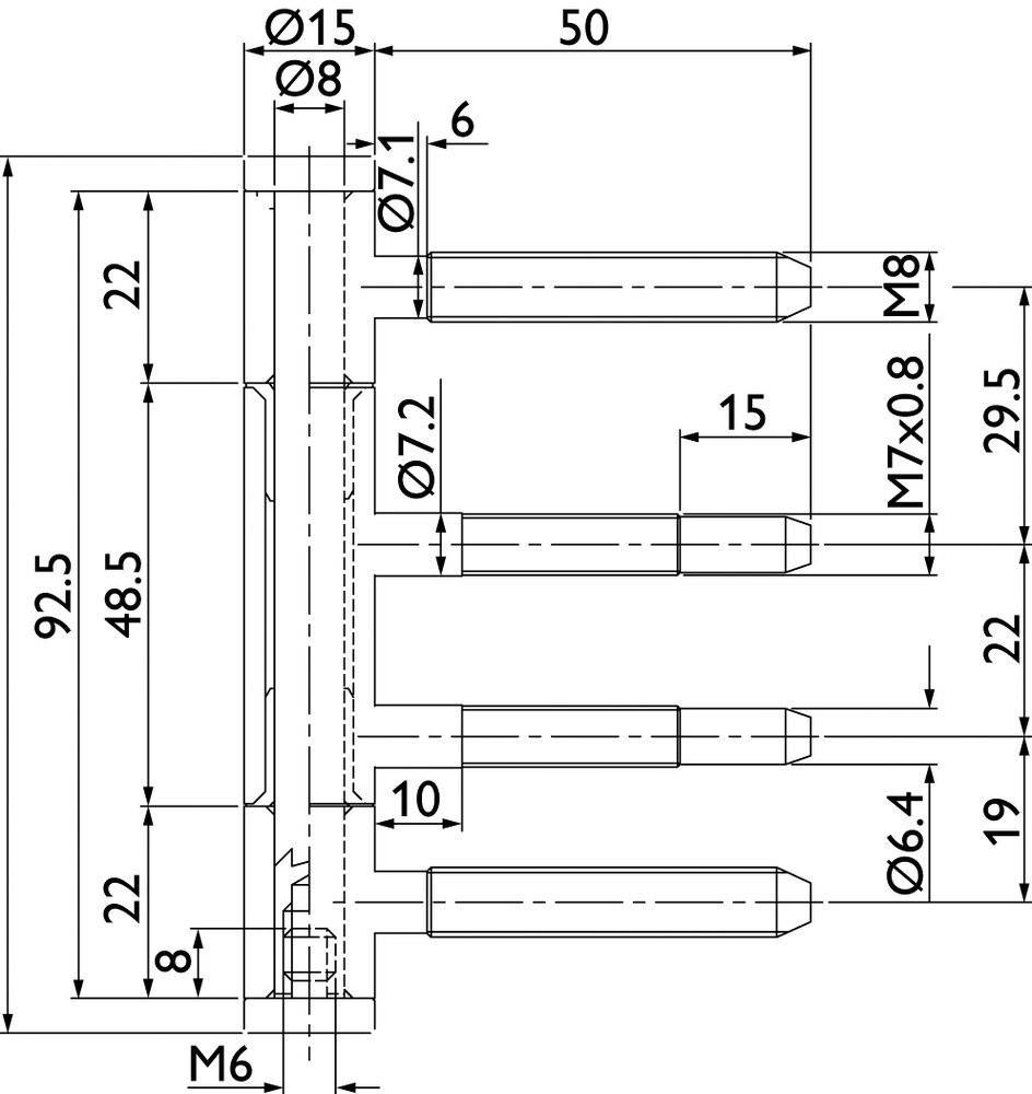Technische Zeichnung einer mechanischen Komponente mit Maßangaben in Millimetern, die Positionen, Durchmesser und Orientierungen von Bohrungen und Stangen zeigt.