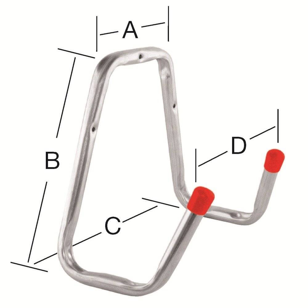 Wandmontierter Stahlhaken mit roten Gummiaufsätzen, dargestellt mit beschrifteten Abmessungen: A, B, C und D. Wird zum Organisieren oder Aufhängen von Gegenständen verwendet.