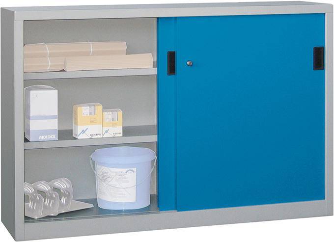 Schiebetürenschrank B1500xT600xH1000 mm 4 Böden verz. Mittelwand RAL 7035/5012 - Artikel: 7830354167