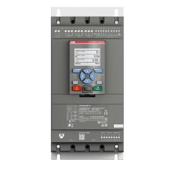 Ein digitales Bedienfeld mit Display und Tasten, auf dem die Markenbezeichnung 'ABB' zu sehen ist und das Spannungs- und Stromeinstellungen für industrielle Anwendungen zeigt.