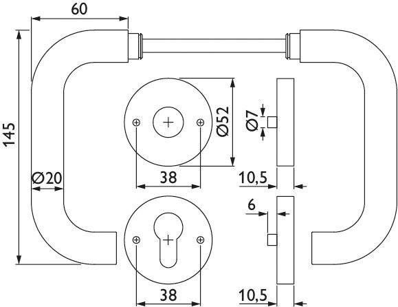 „Technische Zeichnung eines Türklinkensets mit Abmessungen. Die Hauptteile umfassen kreisförmige Platten und einen Griff, mit Maßangaben in Millimetern.