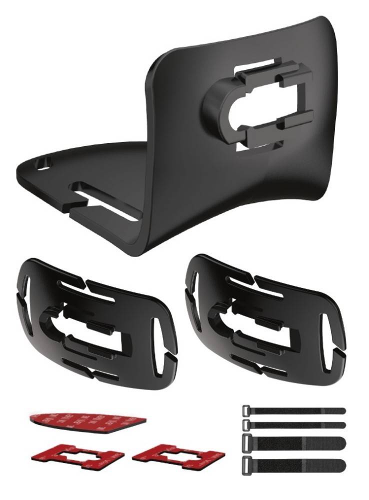 Schwarzes Wandmontagebausatz-Set mit Basis, gebogenem Hauptteil, roten Klebepolstern und Kabelbindern zum Befestigen oder Organisieren eines Geräts oder Kabels.