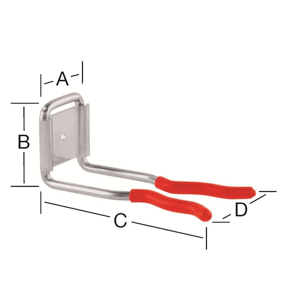 Ein Metallwandhaken mit zwei rotbeschichteten Zinken und gekennzeichneten Abmessungen: A, B, C, D.