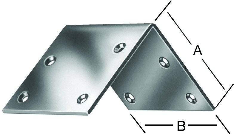 Eine Metallhalterung mit einem 90-Grad-Winkel, mit sechs Schraubenlöchern zur Montage und mit den Abmessungen A und B gekennzeichnet.