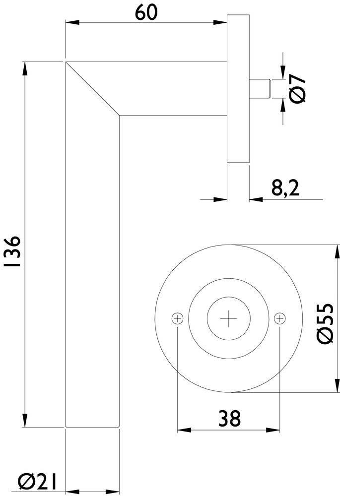 Technische Zeichnung einer kreisförmigen Montageklammer mit Hauptabmessungen: Durchmesser 55 mm, Tiefe 8,2 mm und Gesamtlänge 136 mm.