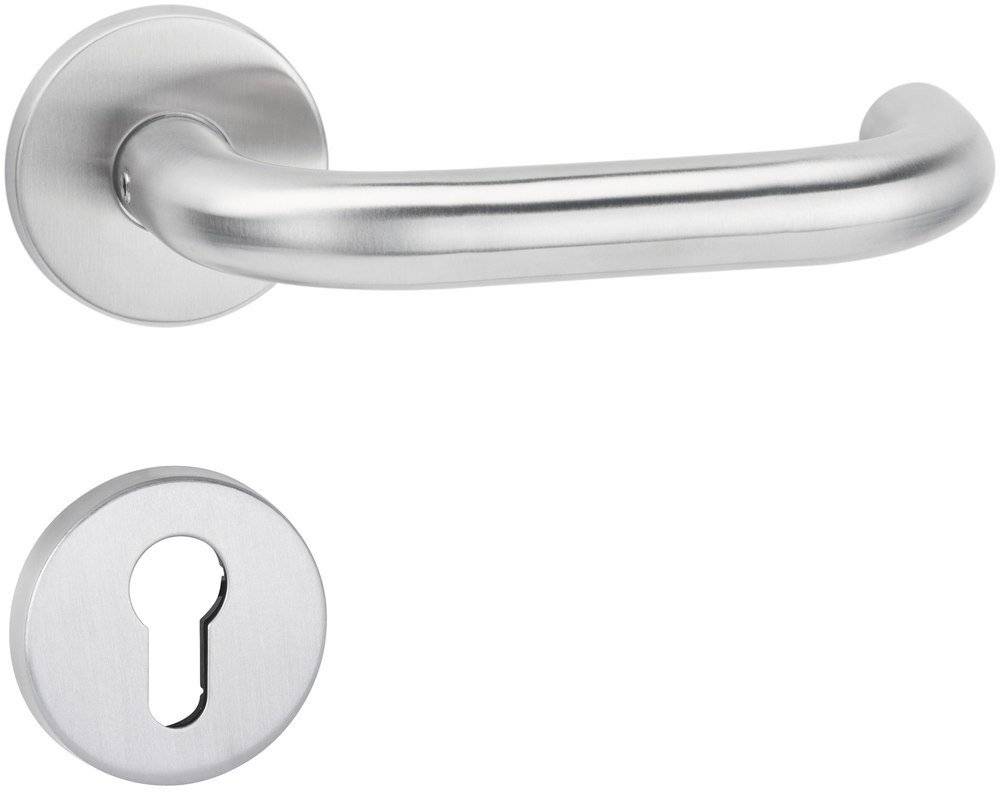 Eine silberfarbene Türklinke mit einer darunter angebrachten passenden Schlüssellochplatte, beide mit einem modernen, minimalistischen Design.