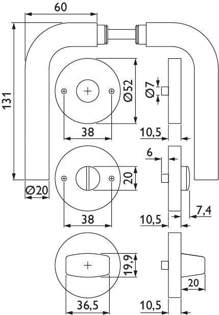 Technische Zeichnung eines Türgriffs mit Maßen in Millimetern. Zeigt Abmessungen von Griff, Rosette und Montageelementen.