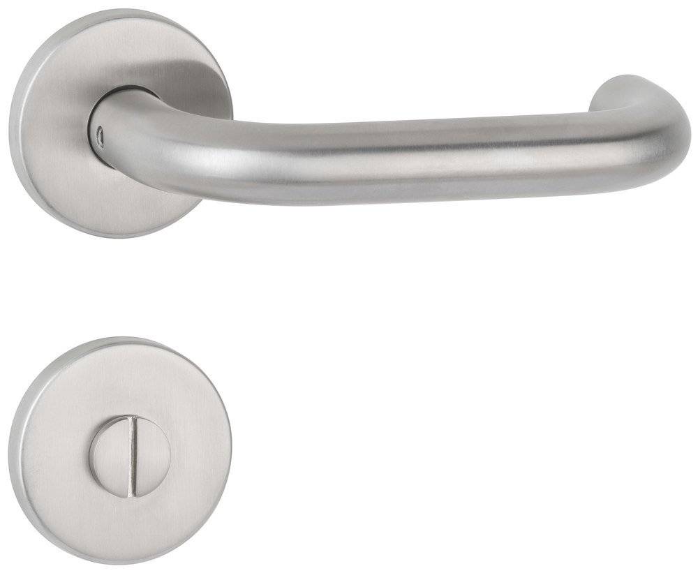 Ein Türgriff aus Edelstahl mit einem schlichten, modernen Design, bestehend aus einer kreisförmigen Basis und einem dazu passenden runden Schließmechanismus darunter.