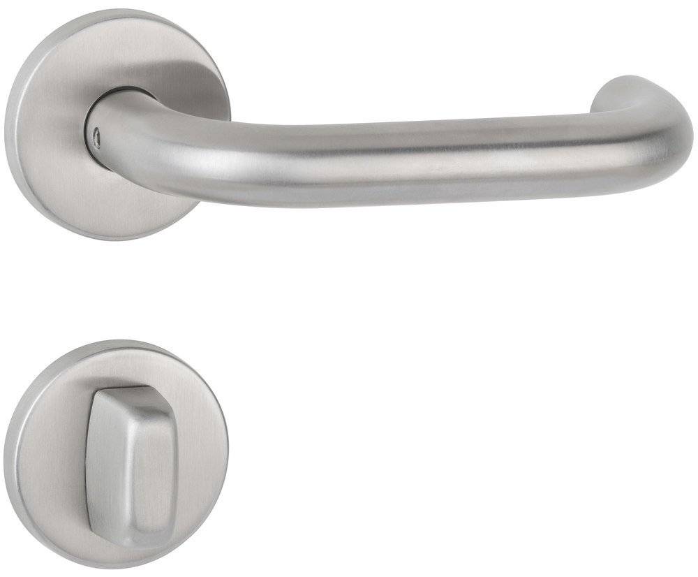 Ein Metalltürgriff und Schlosssatz auf einer ebenen Oberfläche, der ein modernes Design zeigt, das sich für Innen- oder Außentüren eignet.