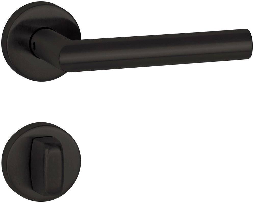 Ein Set aus matter schwarzer Türklinke mit Hebeldesign und kreisförmiger Rosette, zusammen mit einem passenden kreisförmigen Schloss, vor weißem Hintergrund dargestellt.