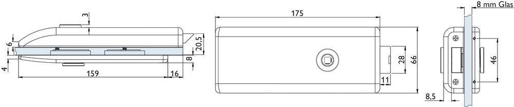 Technisches Diagramm eines rechteckigen Objekts mit Abmessungen, die mit 175 Einheiten Länge beschriftet sind. Linienzeichnungen zeigen seine Struktur.