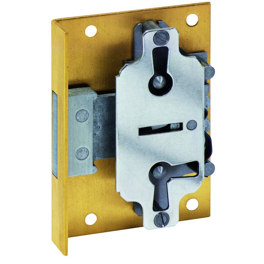 Eine Nahaufnahme eines Stoßschloss-Mechanismus mit einer Messingblende, die Schlüssellöcher und Riegeldetails zeigt.