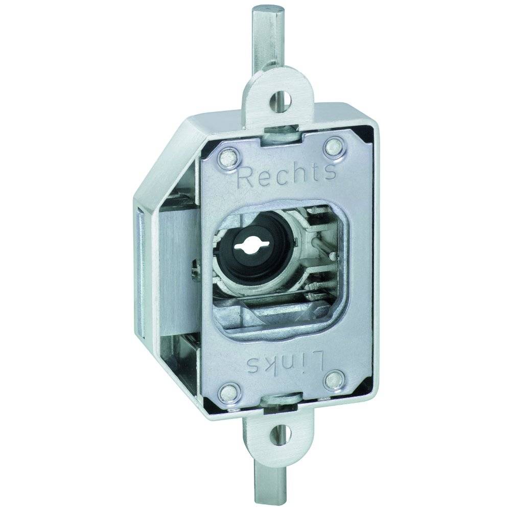 Ein Metallschiebetürschloss-Mechanismus mit den eingravierten Wörtern „Rechts