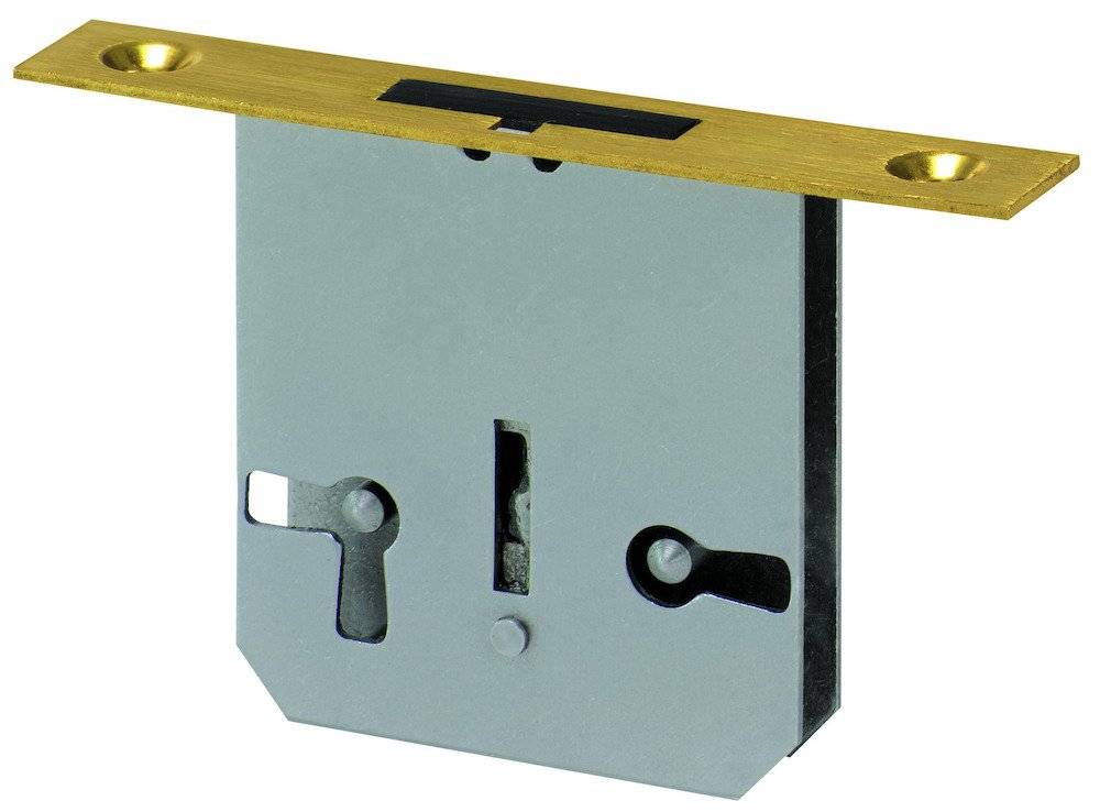 Ein Einsteckschloss mit messingfarbener Kante und Metallgehäuse, mit Schlüsselloch und Platz für einen Riegel.