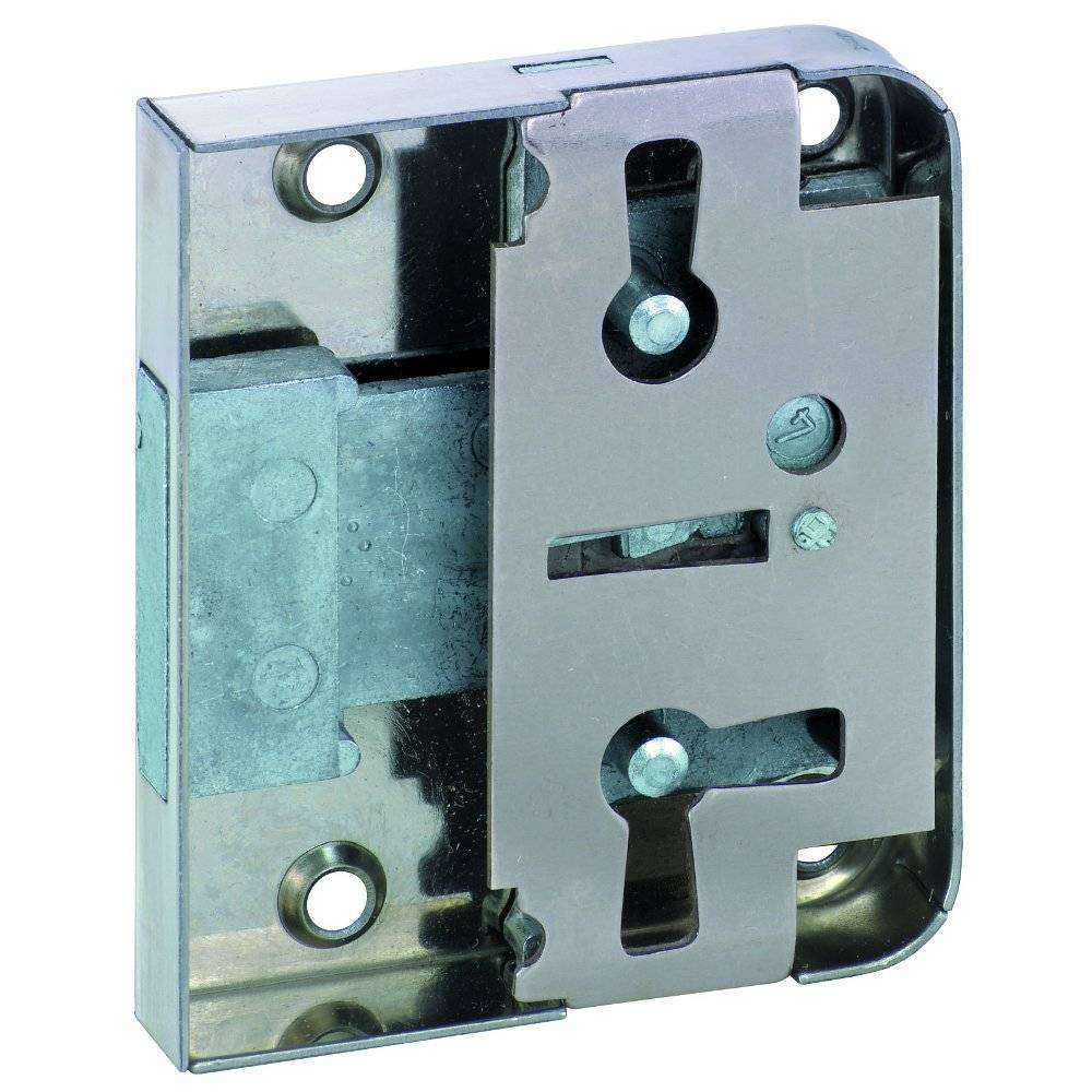 Metallmortiseschloss mit rechteckiger Form, mit mehreren Schraubenlöchern zur Installation, konzipiert zum Sichern von Türen.
