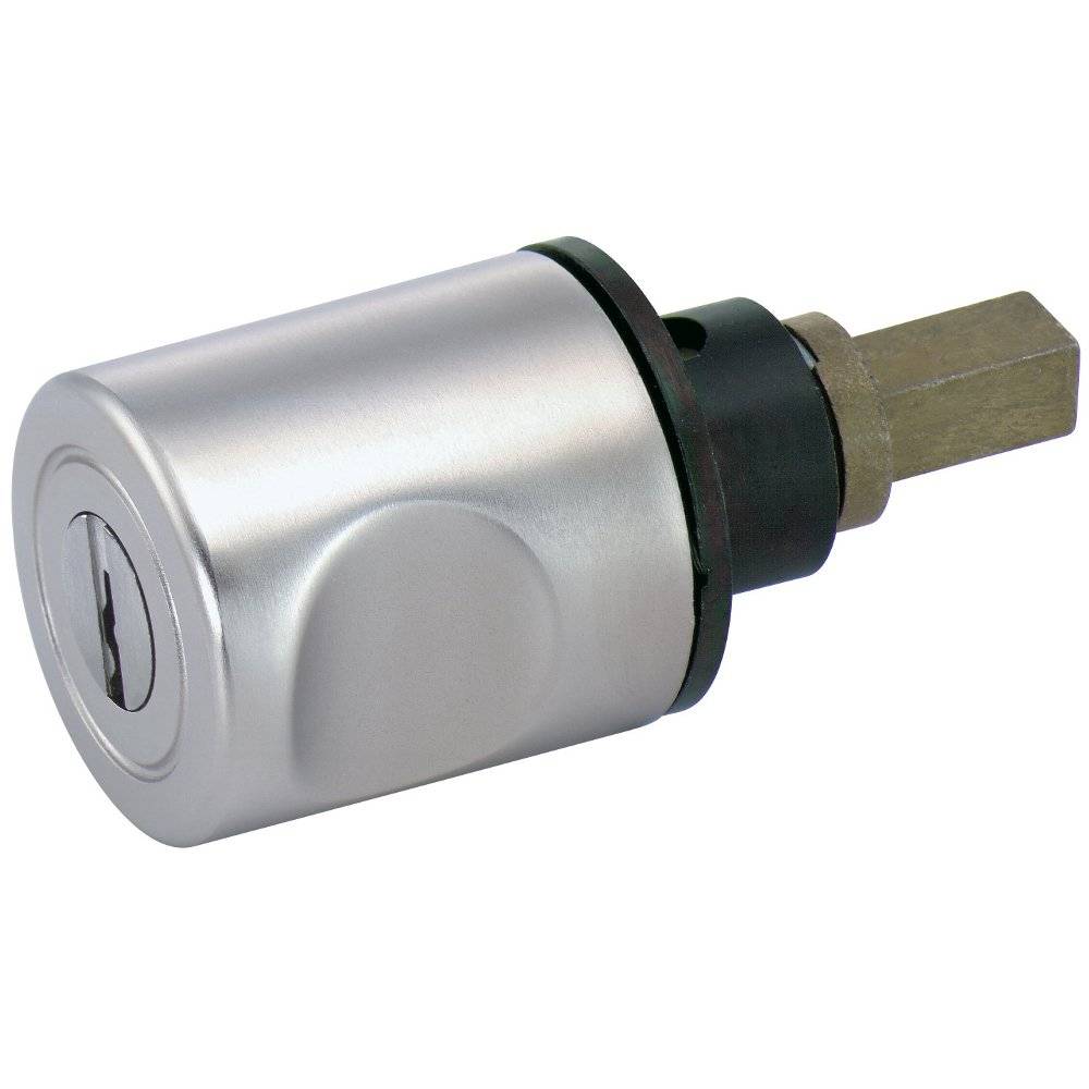 Ein zylindrisches Metallschloss mit einem Schlüsselloch und einer angebrachten quadratischen Messingsstange.