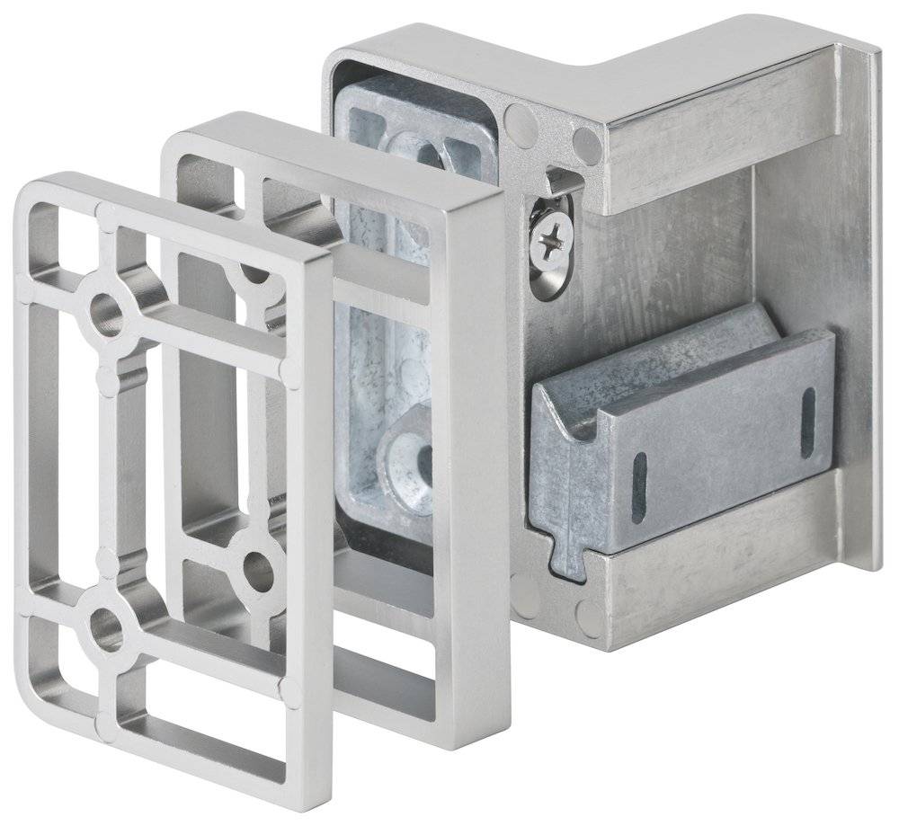 Ein metallisches, rechteckiges Federscharnier mit abnehmbaren Komponenten, das ein industrielles Design zeigt.