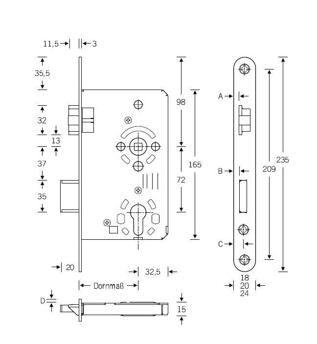 Technische Zeichnung eines Einsteckschlosses mit Abmessungen für die Montage: 11,5 mm, 98 mm, 165 mm und weitere. Enthält Vorder- und Seitenansichten.