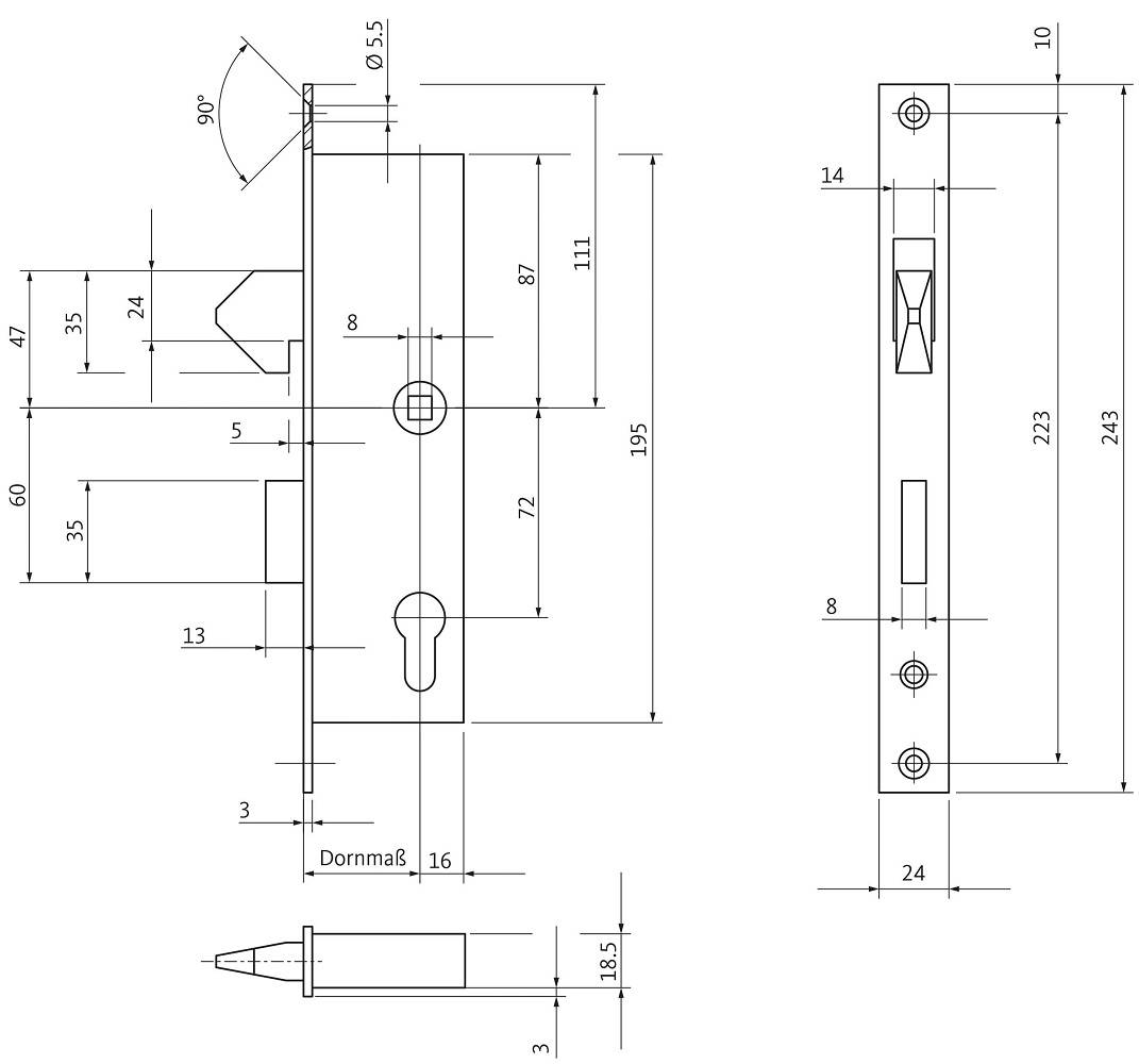 BKS Rohrrahmenschloss mit Hakenfalle PZW, 24 ktg. verzinkt 8/40/72, links/rechts
