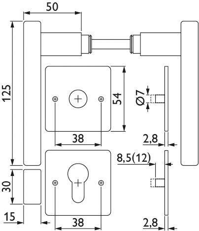 Technische Zeichnung eines Türgriffs mit Abmessungen. Der Hauptgriff hat eine Länge von 125mm, wobei der Durchmesser der kreisförmigen Rosette 54mm beträgt.