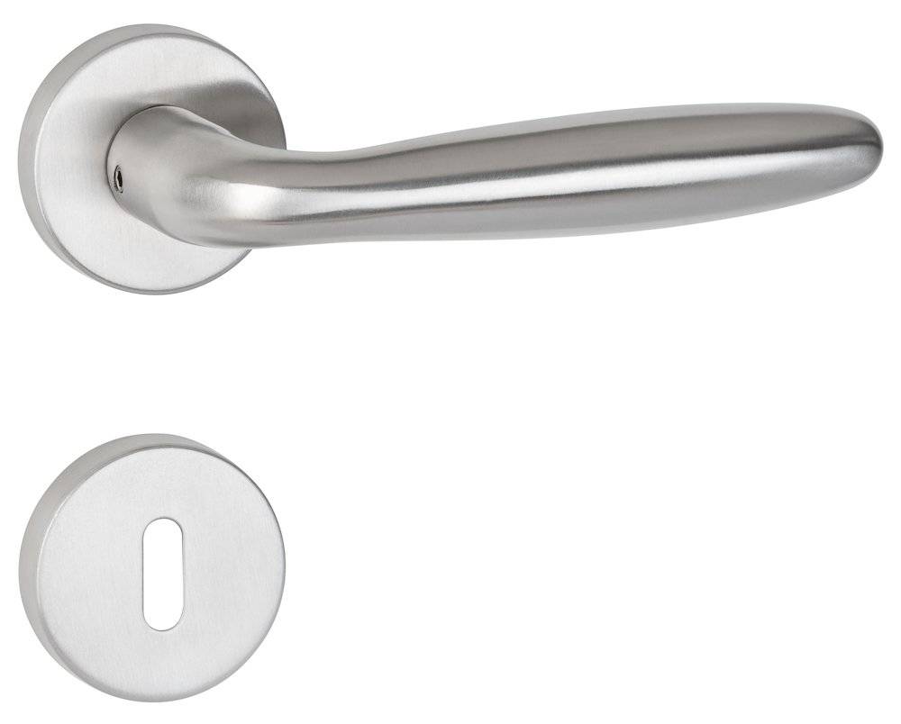 Ein eleganter silberner Türgriff mit passendem rundem Schlüssellochblech auf weißem Hintergrund.