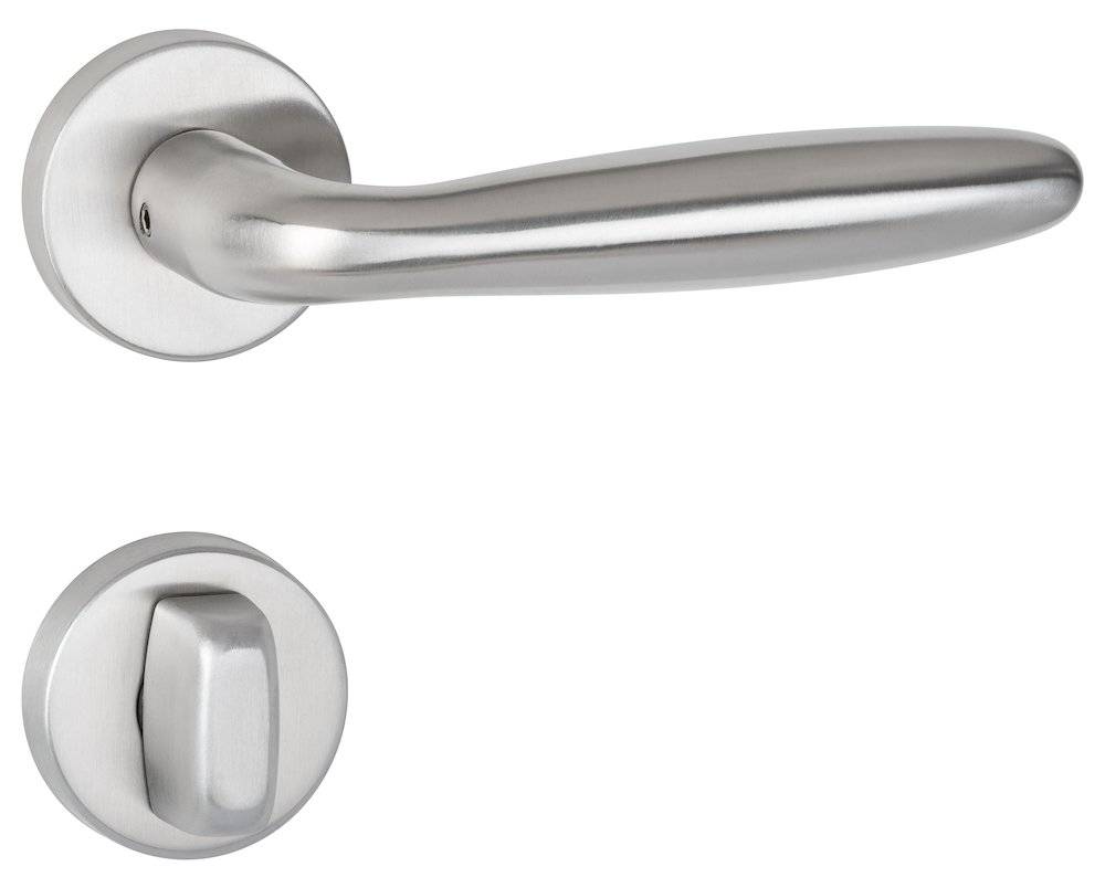 Ein silberner Türgriff und ein Schloss von der Seite gesehen, das das schlanke, moderne Design und die glatte Oberfläche zeigt, typischerweise für Innentüren verwendet.