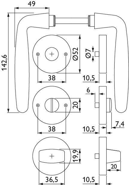 Technische Zeichnung eines Türgriffsets mit Maßen. Die Abmessungen umfassen eine Höhe von 142,6 mm, einen Durchmesser von 52 mm für kreisförmige Teile und eine Dicke von 7,4 mm.