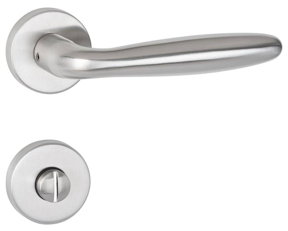 Ein Edelstahl-Türgriff und -Schloss auf weißem Hintergrund, das ein modernes und elegantes Design zeigt.