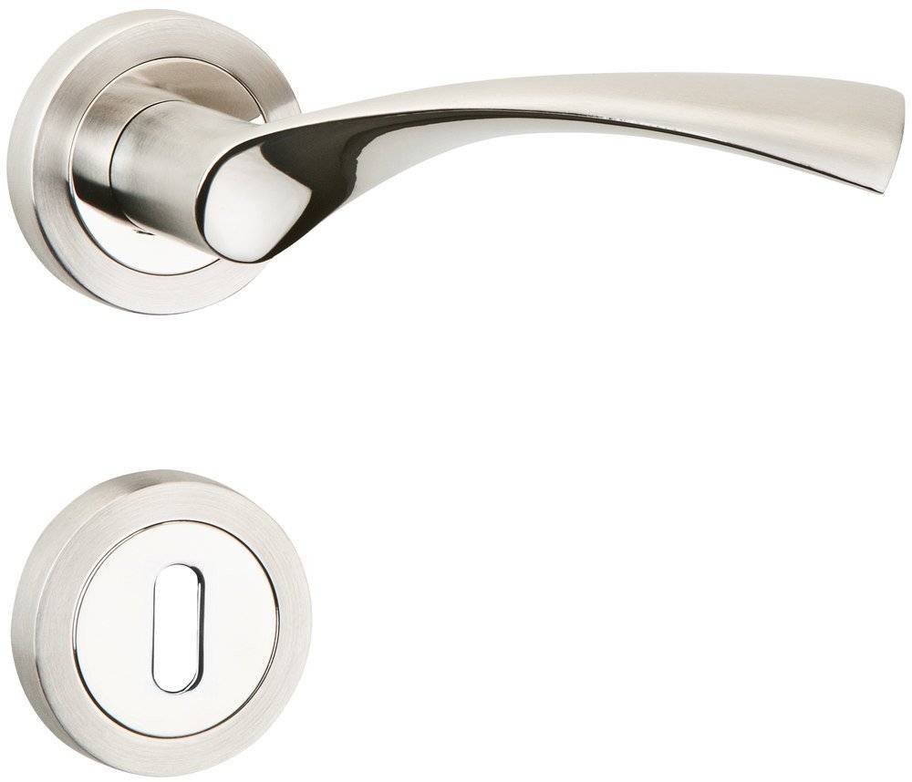 Ein eleganter silberfarbener Türgriff mit modernem Design, begleitet von einer passenden runden Schlüssellochabdeckung darunter auf weißem Hintergrund.