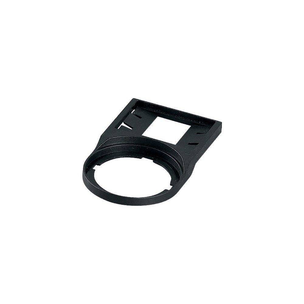 Eine schwarze Plastikhalterung, wahrscheinlich zum Befestigen oder Montieren von elektronischen Geräten, mit einer kreisförmigen Öffnung und einem rechteckigen Befestigungsbereich.
