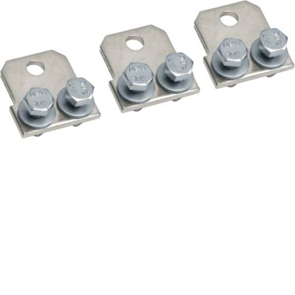 Eine Reihe von Masseverbindungsklemmen mit jeweils zwei Schrauben, die zum Befestigen von elektrischen Leitungen an einer Oberfläche verwendet werden und in elektrischen Installationen üblicherweise anzutreffen sind.