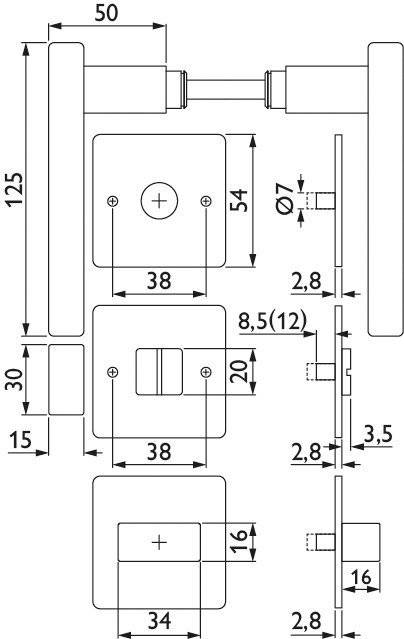 Technisches Schaltplan einer wandmontierten Schalter mit Abmessungen: 125mm Höhe, 54mm Breite und verschiedene weitere detaillierte Messungen in mm.