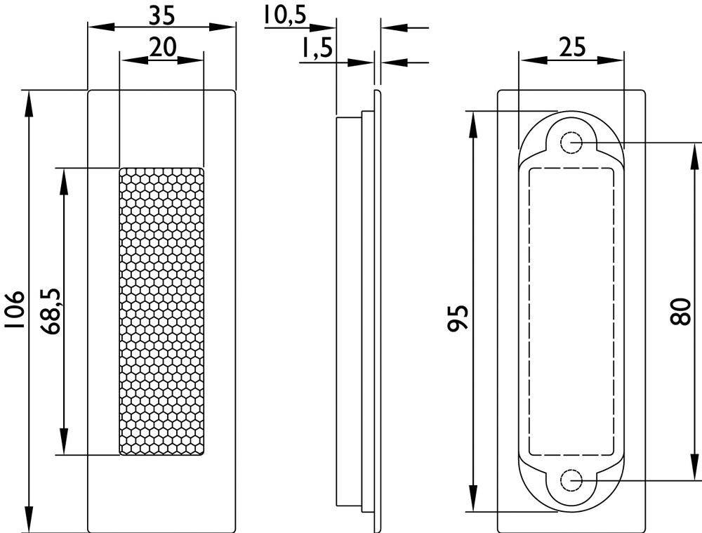 Technische Zeichnung einer rechteckigen Lüftungsabdeckung mit hexagonalem Gittermuster. Abmessungen: 95 mm Höhe, 35 mm Breite, 20 mm Tiefe.