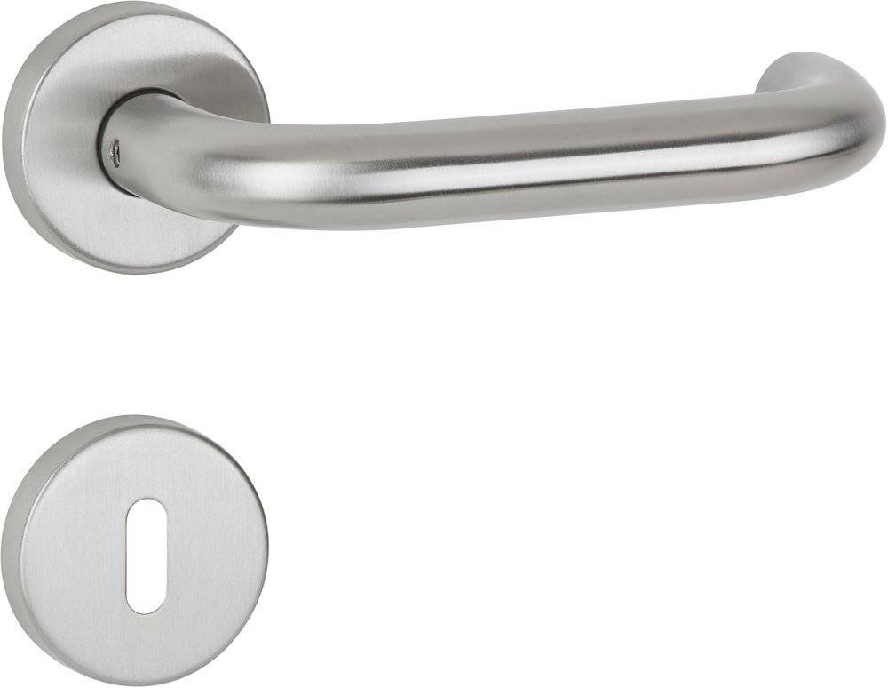 Ein moderner Metallschleifer und Schlüssellochchutz-Set in elegantem, gebürsttem Nickelfinish.