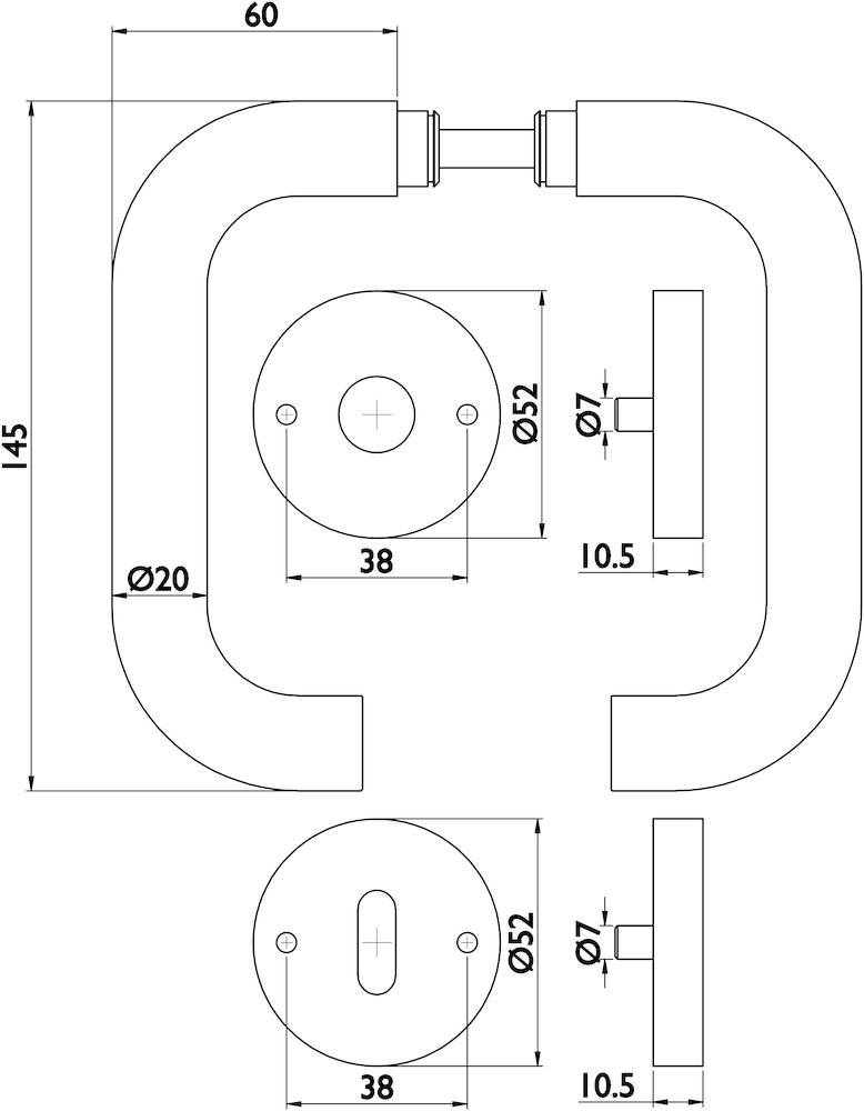 Technische Zeichnung einer Türklinkengarnitur mit Abmessungen. Die Klinke hat eine Höhe von 145 mm, einen Rückplattendurchmesser von 52 mm und einen Rohrdurchmesser von 20 mm.