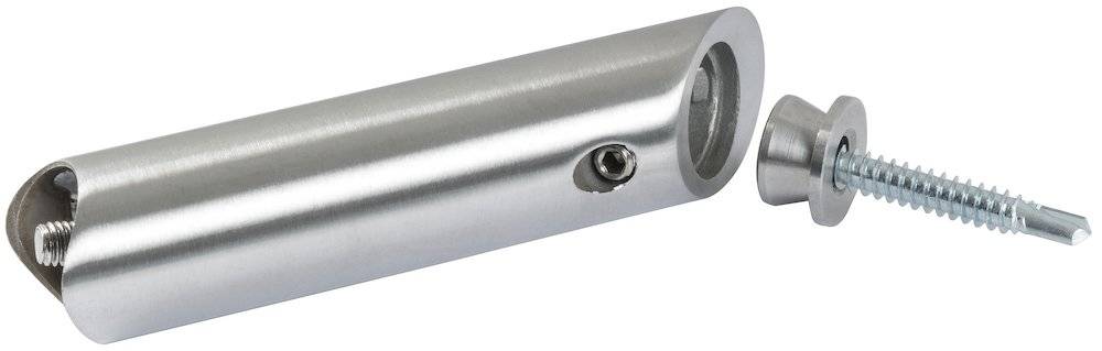 Eine Nahaufnahme eines glänzenden Metallrohrs mit einer kleinen sechskantigen Schraube in der Nähe seiner Öffnung, die auf Industrieausrüstung oder mechanische Komponenten hindeutet.