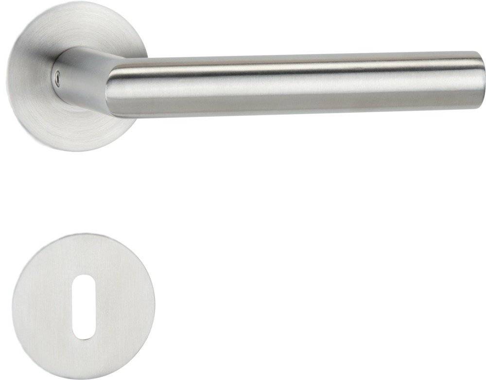 Ein silberner Metalltürgriff und eine Schlüssellochblende mit modernem Design.