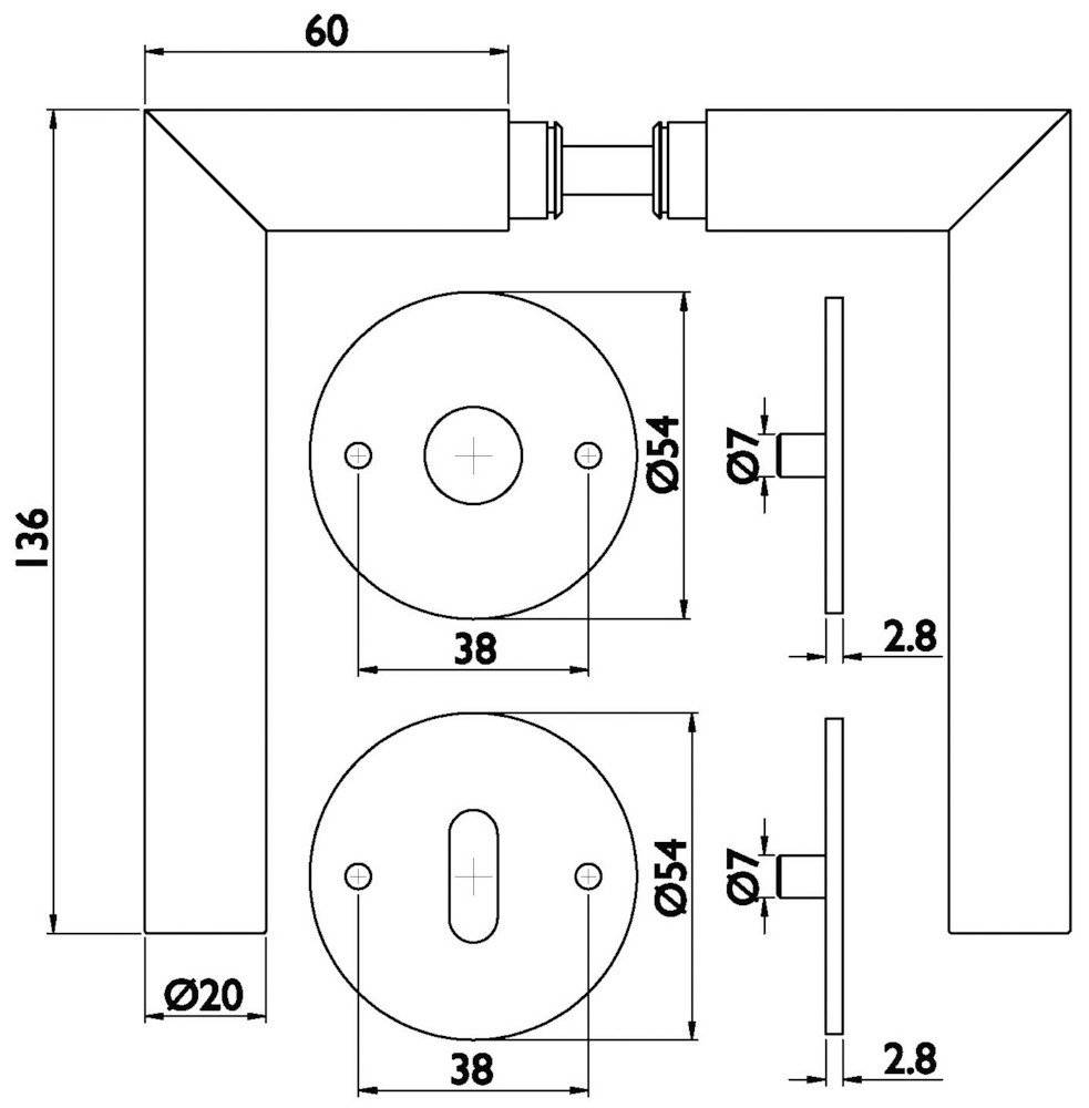 Technische Zeichnung eines Türklinkensets mit genauen Abmessungen: Grifflänge 136, Breite 60, Rosettendurchmesser rund 54.