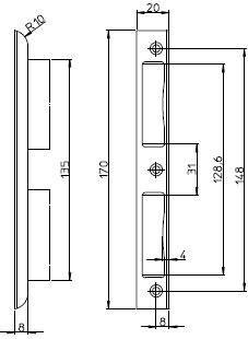 Technisches Diagramm eines rechteckigen Objekts mit Abmessungen: 170 mm mal 135 mm, 148 mm mal 128,5 mm und einer kleineren Abmessung von 31 mm.