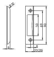 Technische Zeichnung einer Türgriffplatte. Zwei Ansichten: Seitenansicht und Vorderansicht. Die Abmessungen umfassen 90 mm Höhe, 50 mm Breite, 69 mm Schraubenlochsabstand, 8 mm Plattendicke und einen Radius von 10 mm.