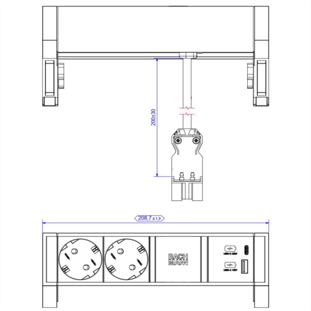 Technische Zeichnung Stecker-Dockingstation mit Abmessungen: 208,7 mm Breite, 202,89 mm Höhe. Sie enthält zwei runde Steckdosen und USB-Anschlüsse.