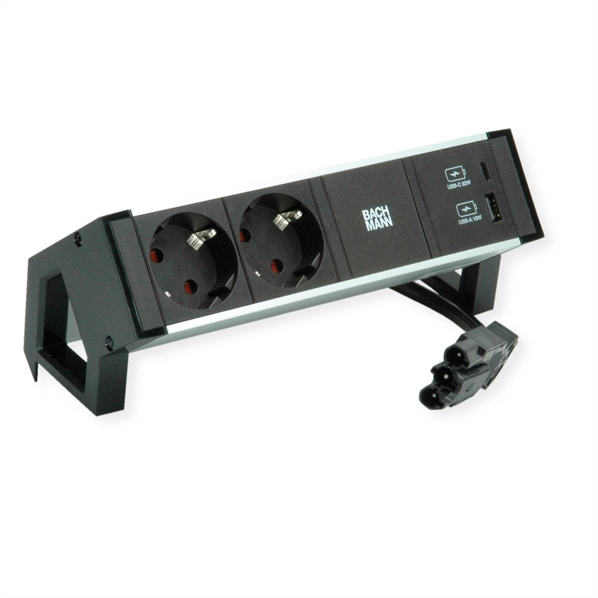Eine schwarze Steckdosenleiste der Marke 'Bachmann' mit zwei europäischen Steckdosen, USB-Anschlüssen und einem Netzschalter, mit angeschlossenem Netzkabel.