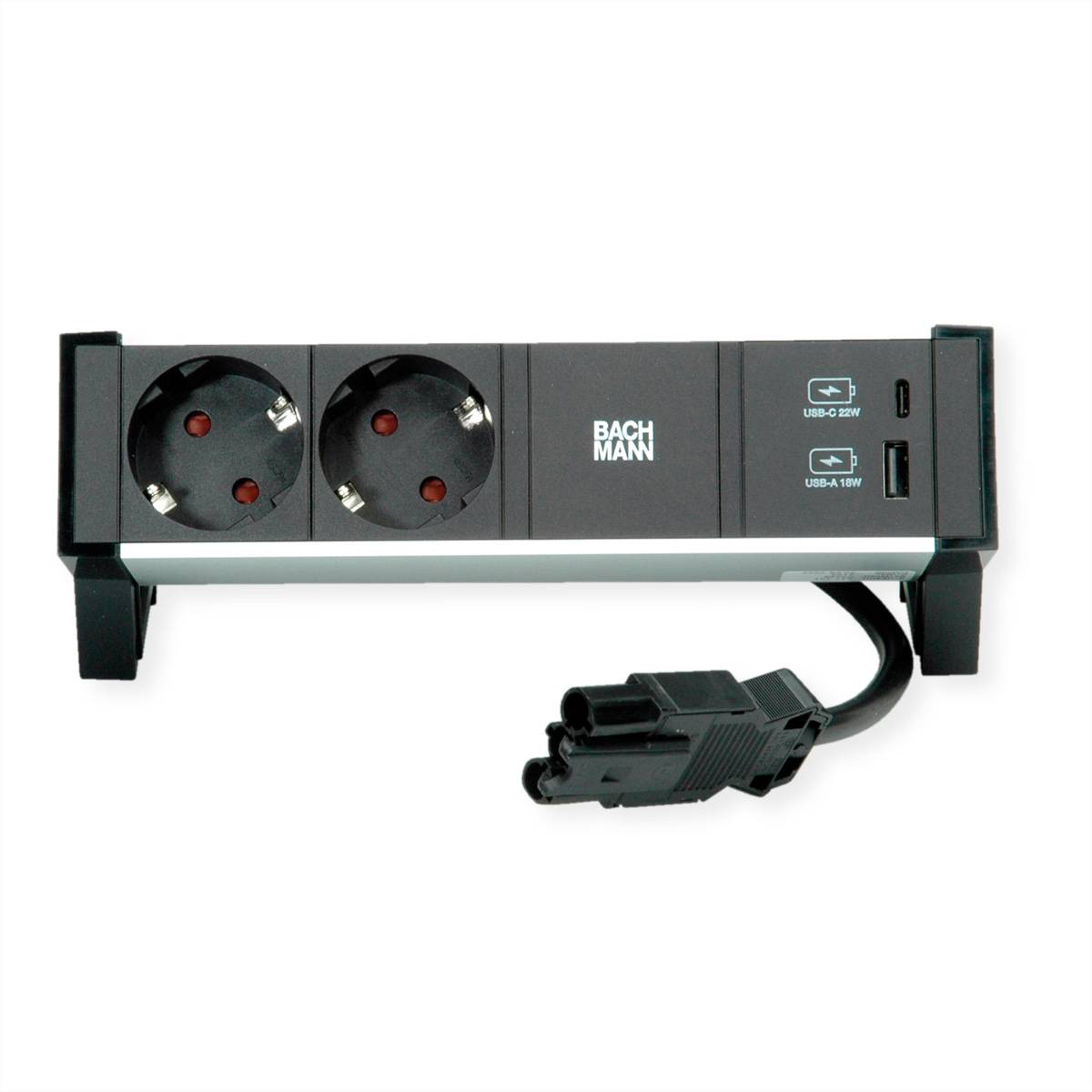 Ein Steckdosenleiste mit zwei europäischen Steckdosen, einem USB-C-Anschluss mit 15 W und einem USB-A-Anschluss mit 10 W. Ein schwarzes Netzkabel mit Stecker ragt aus dem Verteiler.